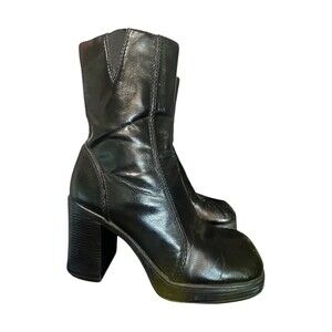 Vtg 90s Y2K Lower East Side Chunky Platform Black Boots Side Zip Square Toe